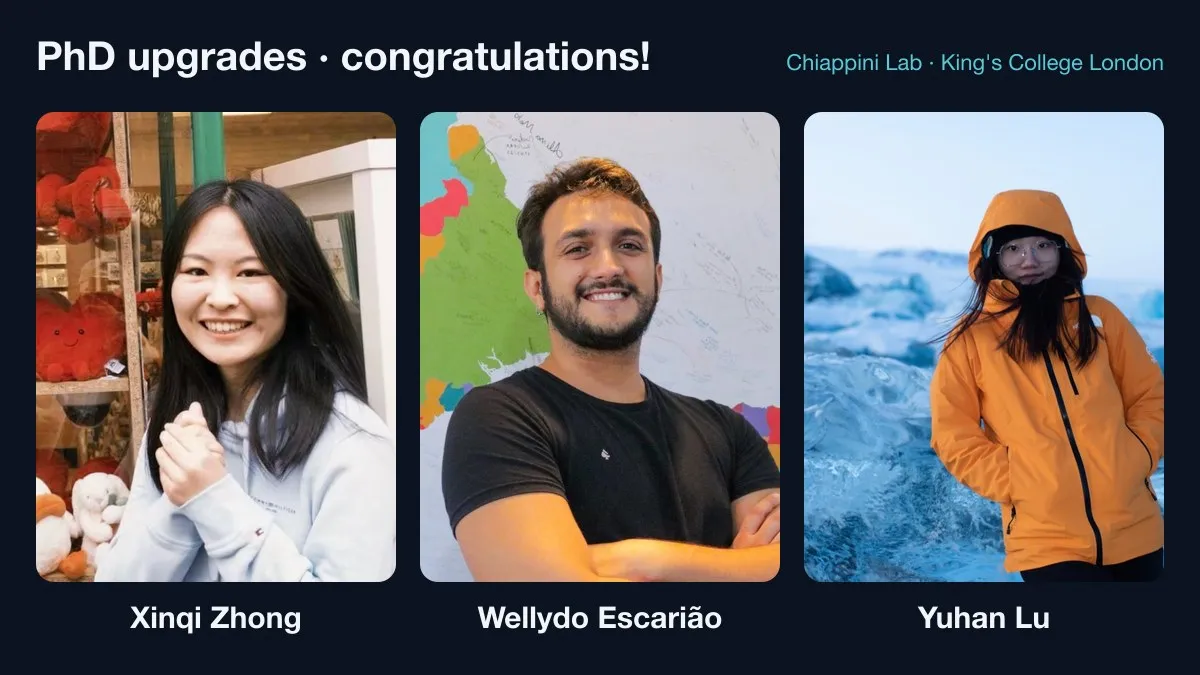 Portraits of Xinqi Zhong, Wellydo Escarião and Yuhan Lu under the heading "PhD upgrades: congratulations!"